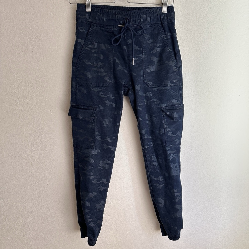 Flog Cargo Jogger Pants Women 24 Navy Blue Camo Camouflage Elastic Waist Utility